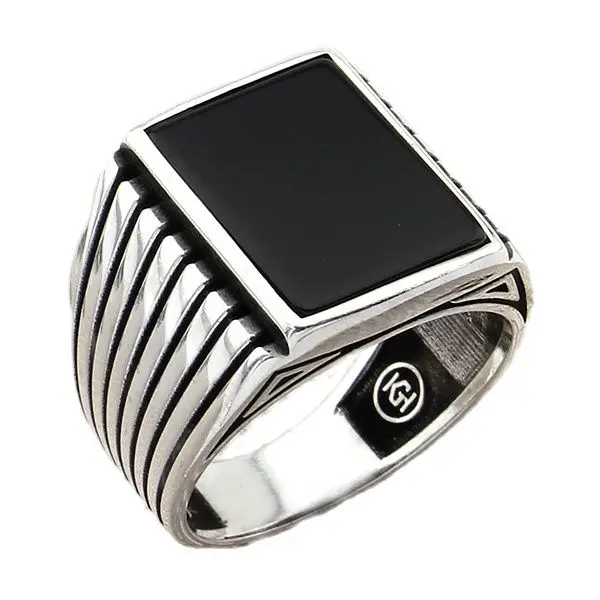 

925 Sterling Silver Men's Ring with Square Black Onyx Natural Gemstone with Straight Lines Jewelry Gift for Husband for Dad