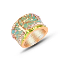 creative lucky flower tree rings fashion gold pink opal green enamel wide ring for woman party crystal vintage jewelry