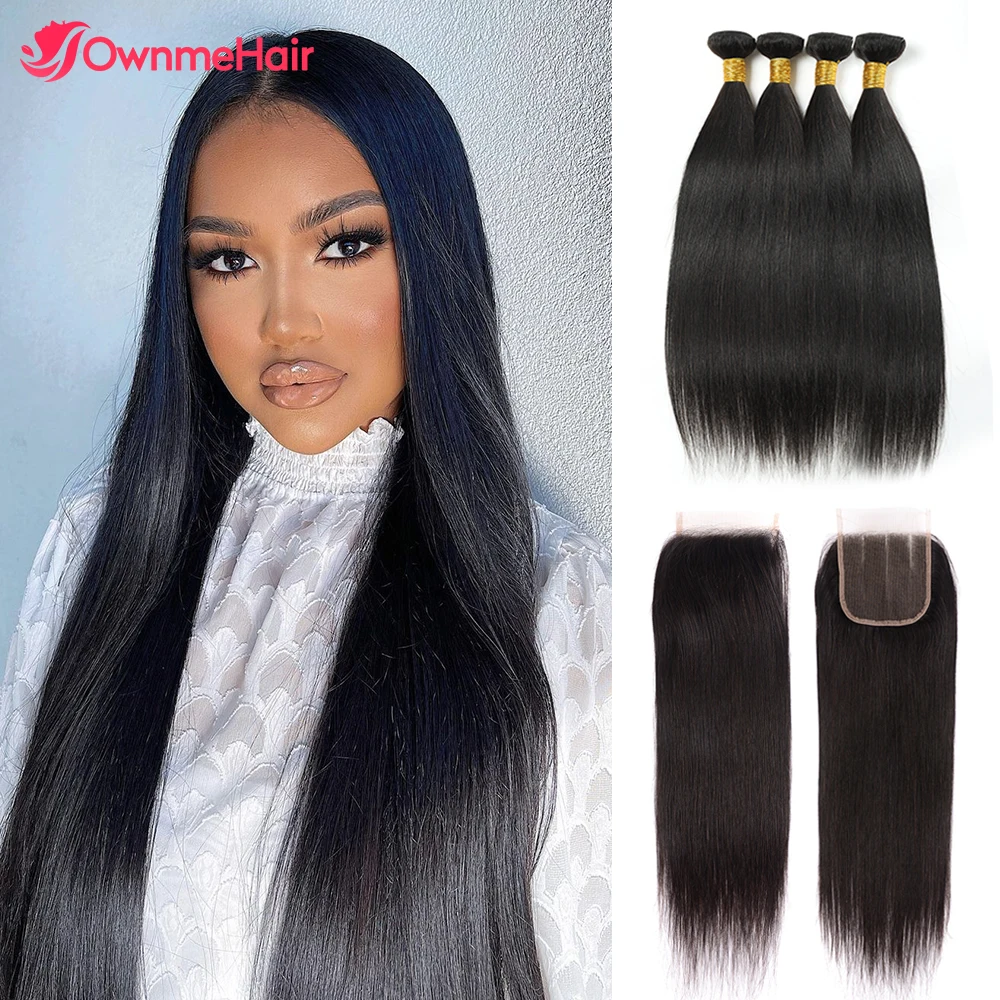 Brazilian Straight Bundles with Closure Human Hair Weave Straight Extension 3/4 Bundles with 4x4 HD Transparent Lace Closure
