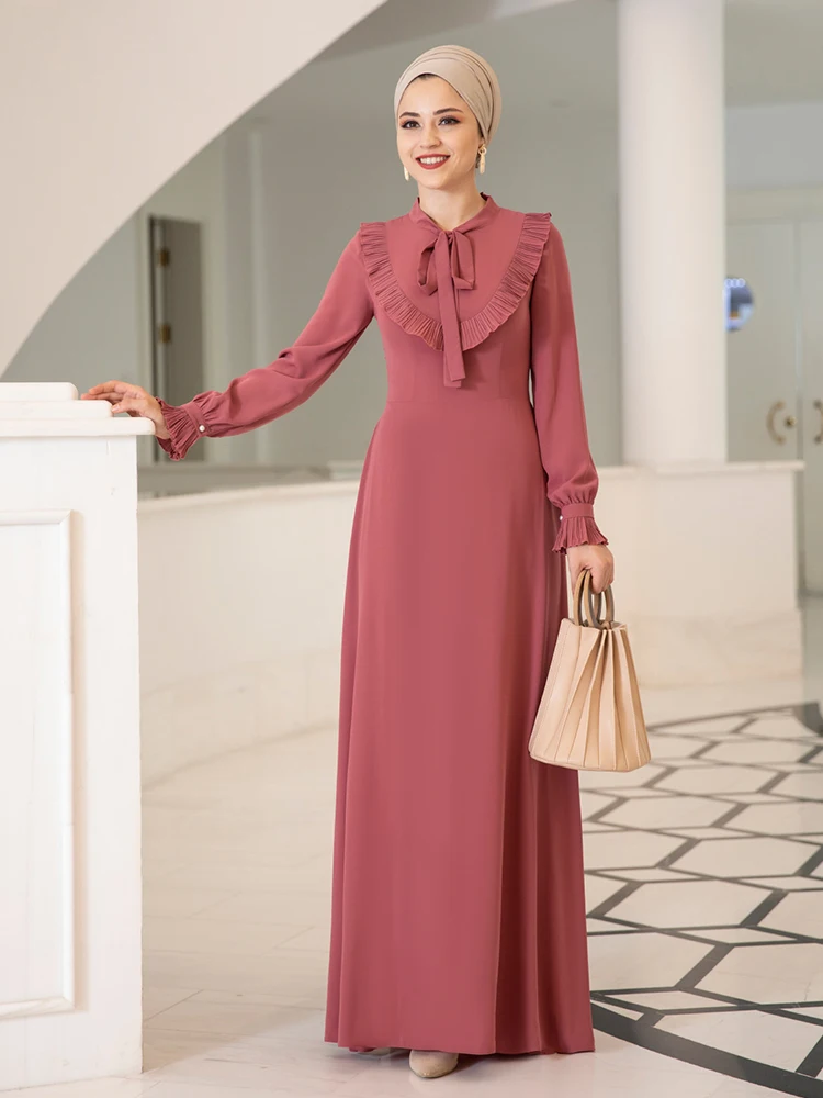 Длинное женское платье-хиджаб с воротником-бантом мусульманская одежда