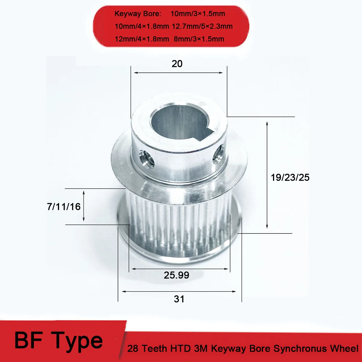 

1pcs 28 Teeth HTD 3M Timing Pulley BF Type Bore 8 10 12 12.7mm Keyway Synchronus Wheel Width 7 11 16mm Aluminium Idler Pulley