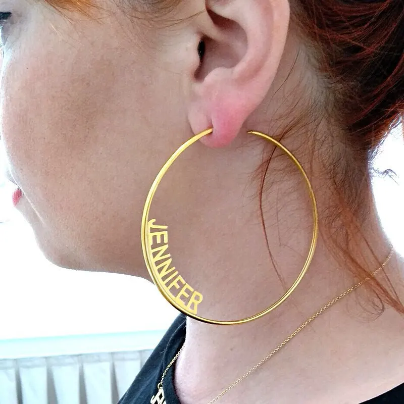 

Personalized Big Round Circle Custom Name Hoop Earrings For Women Stainless Steel Fashion Charm Jewelry Couple Christmas Gif