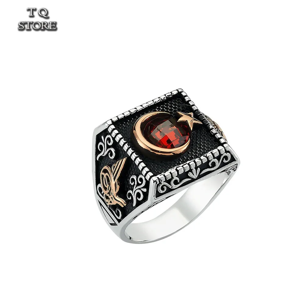 

925 Sterling Silver Ring for Men .Red Stone Ay Yıldız Male Silver Ring