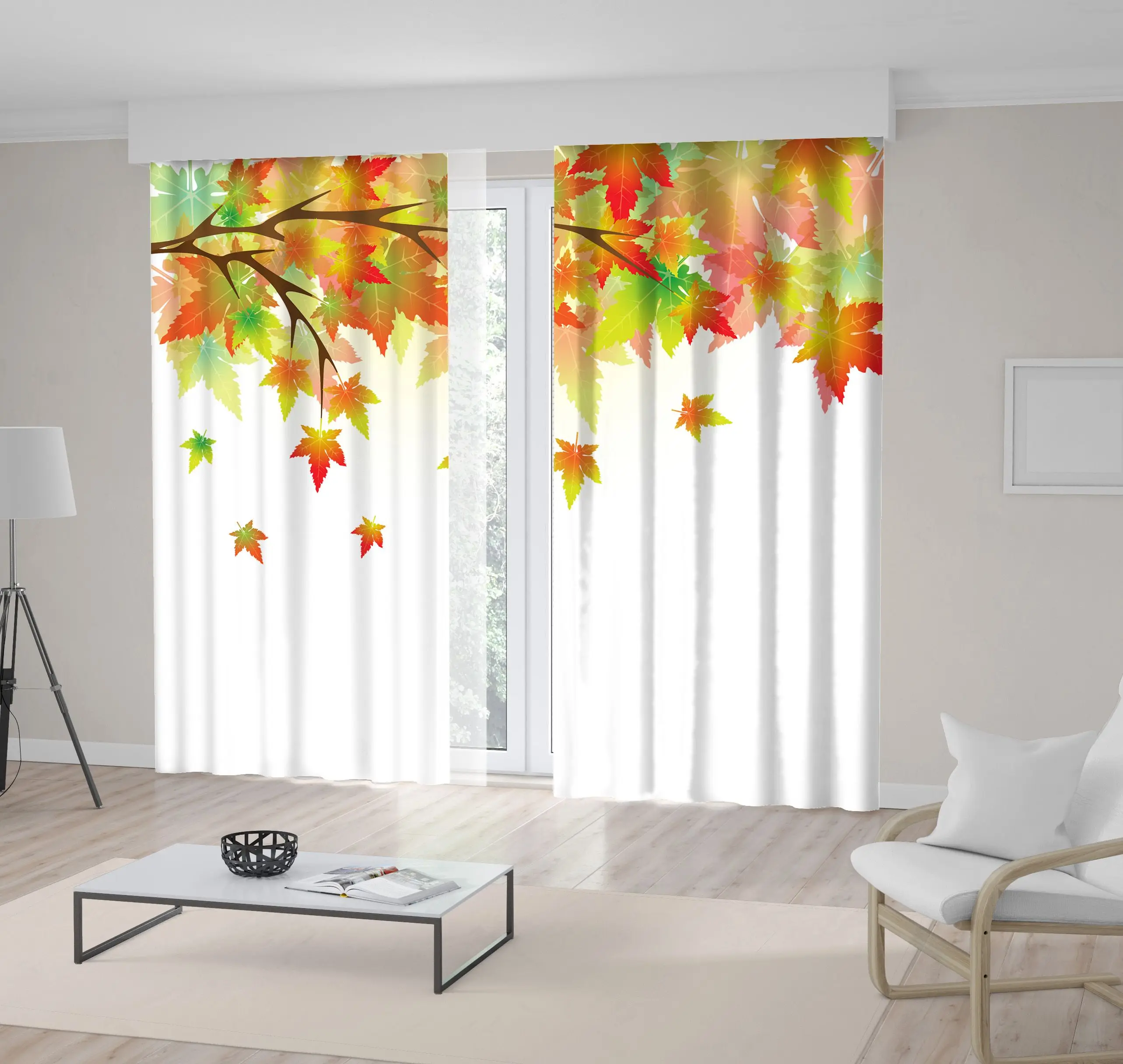 

Curtain Colorful Leaves Maple Tree Branch in the Autumn Forest Sunny Day Nature Decorative Artwork Green Yellow Red