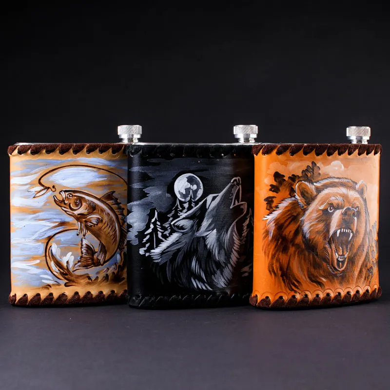 Фляжка для напитков объем 500 мл пищевая сталь натуральная кожа|Плоские фляги| |