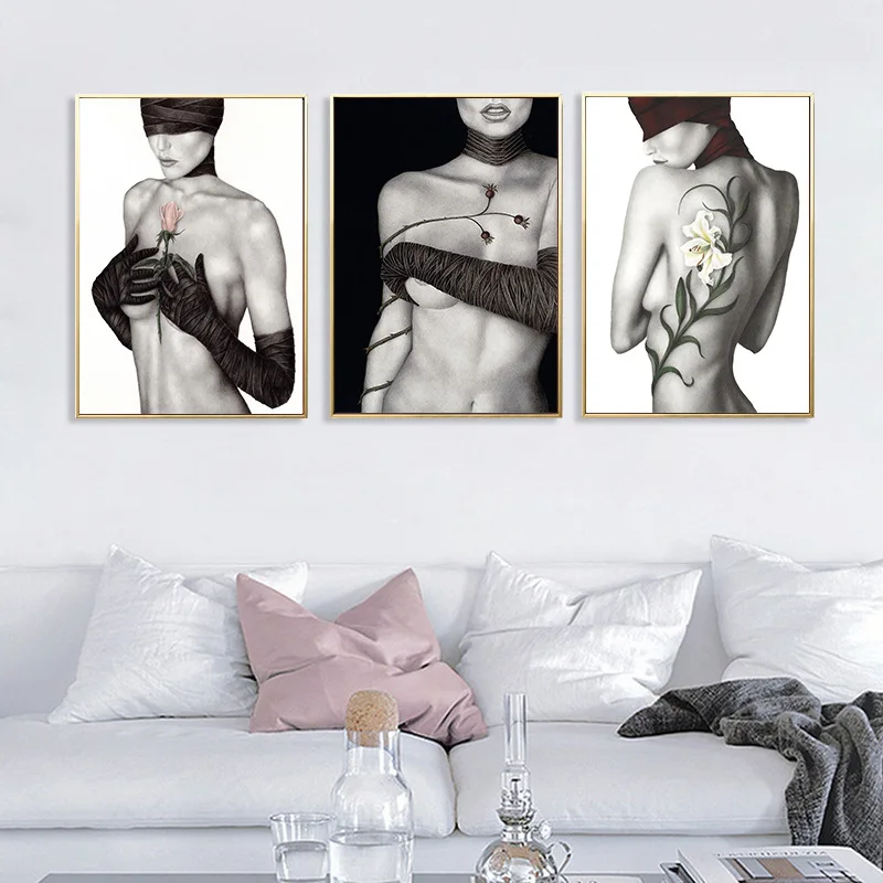 

Simple Black and White Poster Portrait Art Body Beauty Rose Decorative Painting Mural Room Decoration Wall Decoration