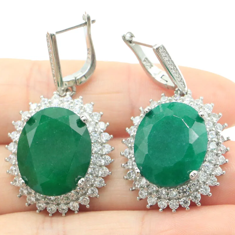 41x23mm Gorgeous 14.4g Real Green Emerald Red Blood Ruby White CZ Women Wedding Silver Earrings