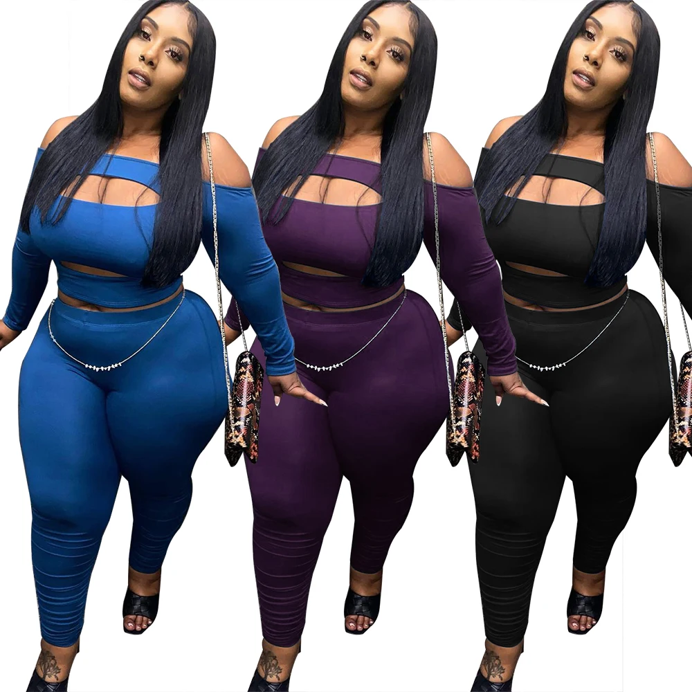 Plus Size Solid Longsleeves Navel Hollow Out Sexy Top + Leggings Set Summer Women Fashion Streetwear Outfits Y2K