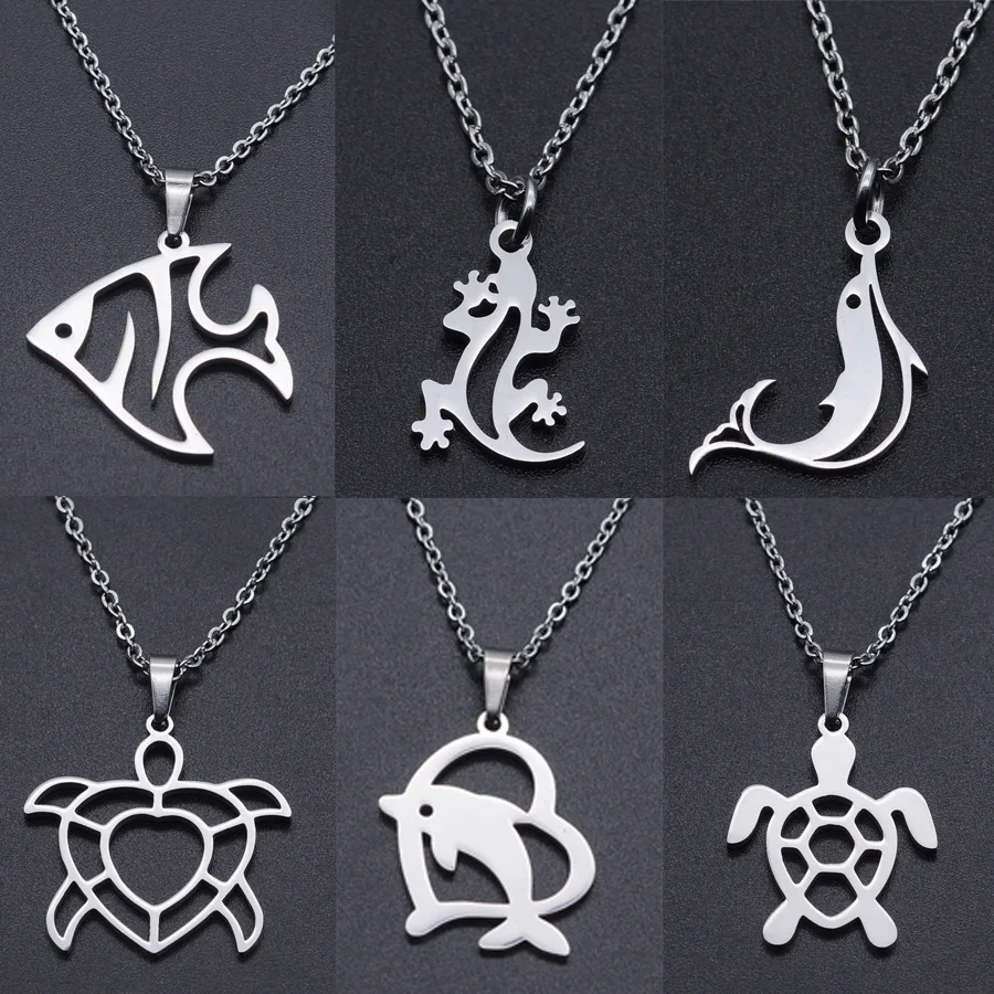

Fashion Stainless Steel Necklace For Women Men Fish Turtle Dolphin Lizard Pendant Clavicle Chain Choker Party Statement Jewelry