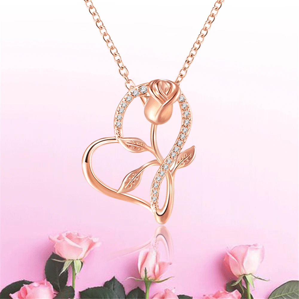 

Korean Romantic Heart Rose Pendant Necklace Exquisite Women's Necklace Love Jewelry Engagement Accessories Valentine's Day Gifts