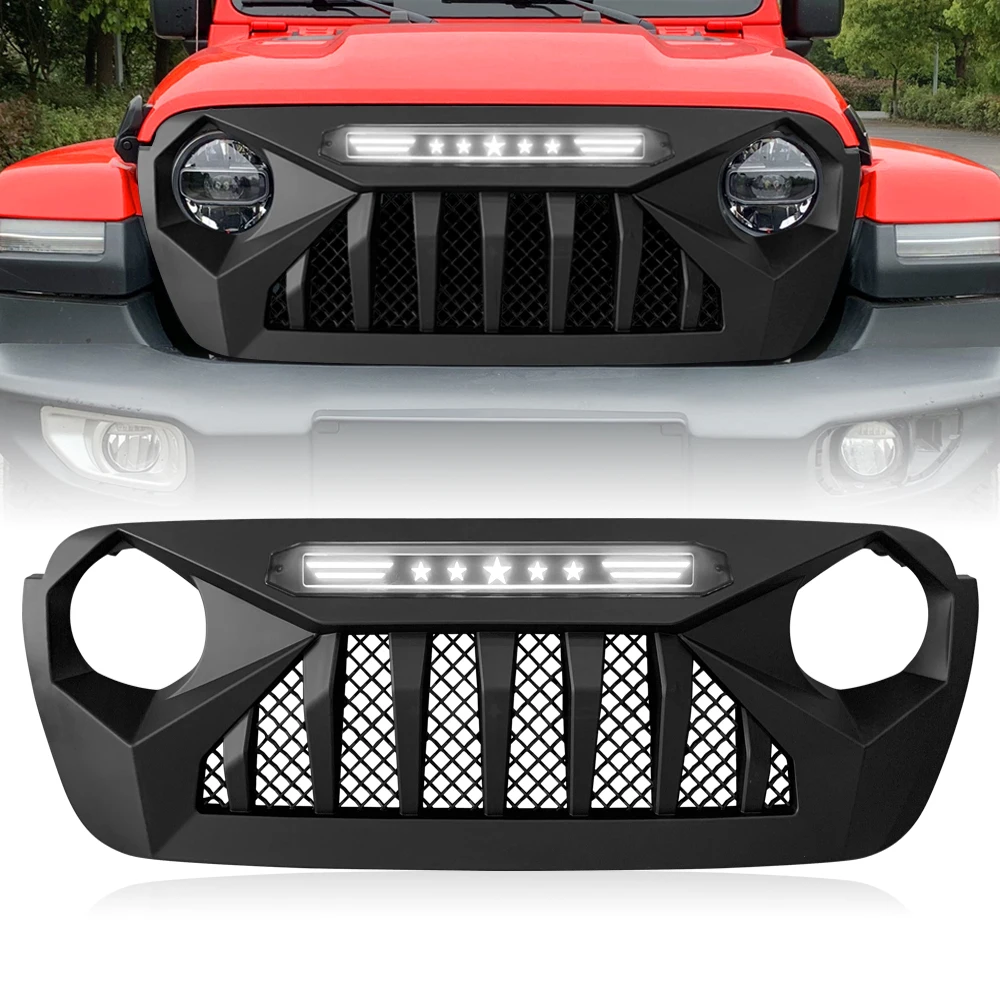 

Matte Black Front Demon Grille W/White Star DRL For 2018-2021 Jeep Wrangler JL JT