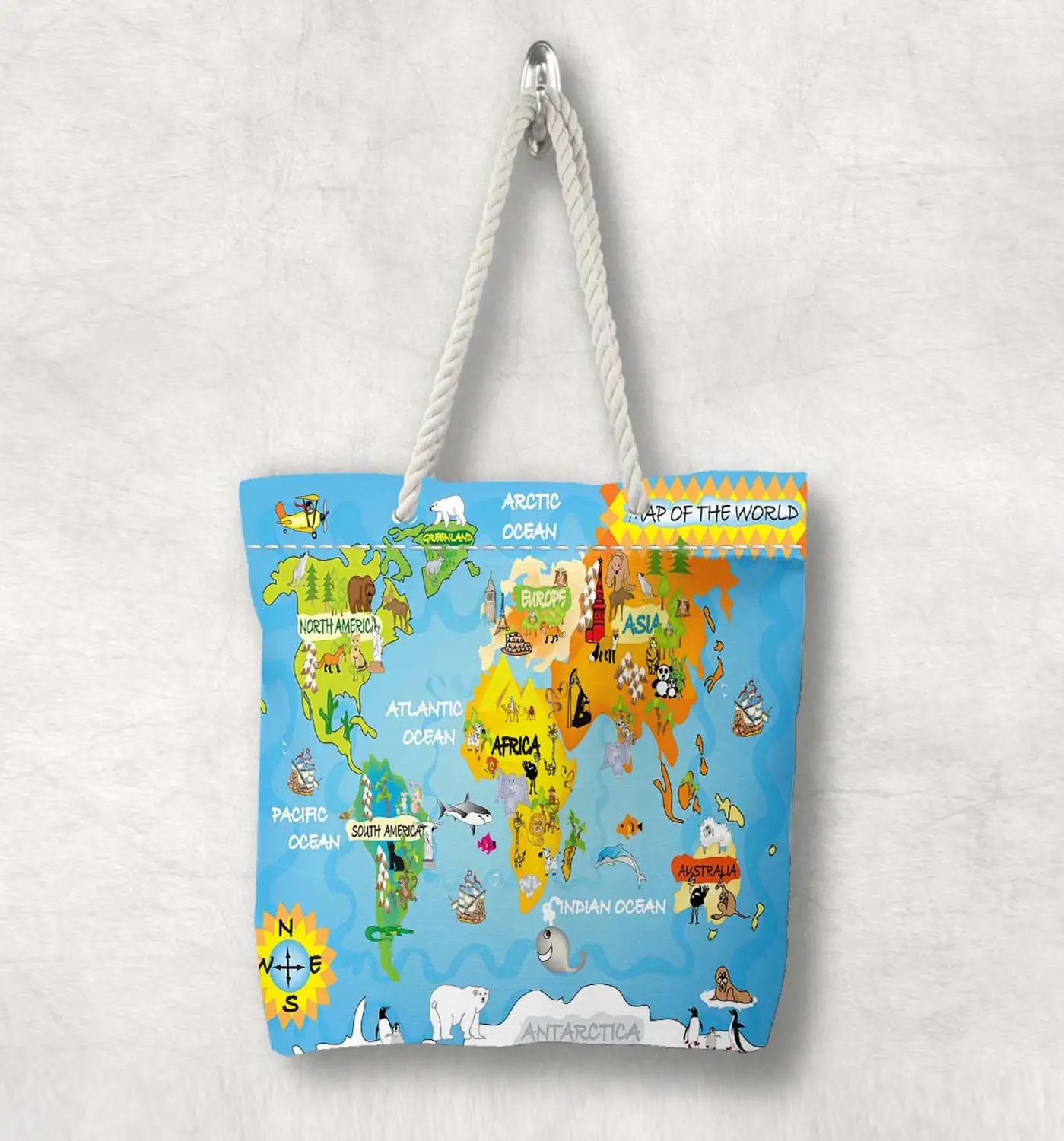 Еще Детские забавные животные Земля Карта мира новое модное белое с веревочной