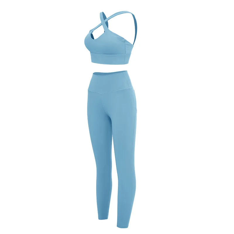 

Nude Smooth Yoga Set Women Active Wear Cross Shoulder Straps Fashion Sports Underwear Bra Slimming Breathable Leggings Outfits