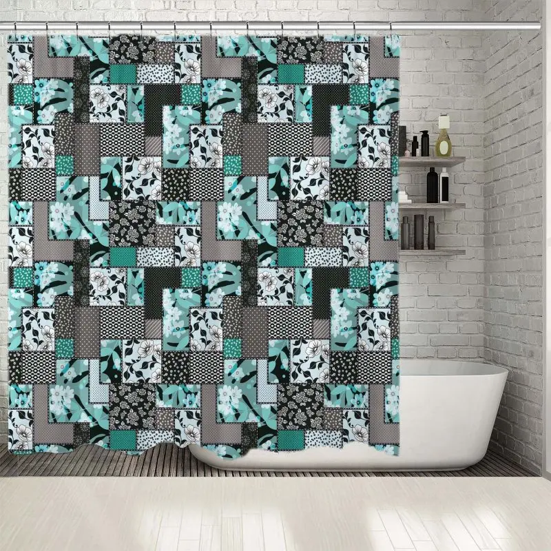 

Shower Curtain Patchwork Pattern Floral Ornaments Stylized Flowers Leaves Dots Plants Classic Style Art Teal Grey
