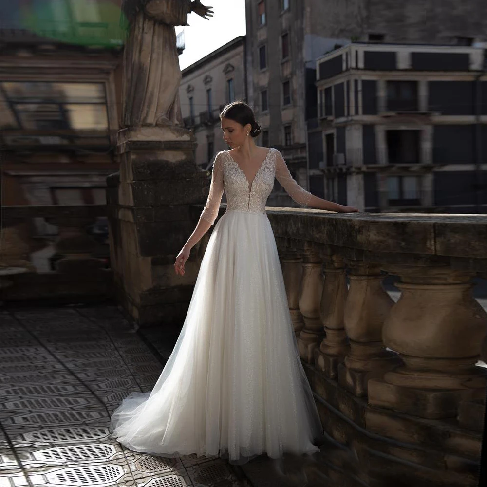 

Sexy Wedding Dresses Tulle Appliques Pleat V-Neck Three Quarter Sleeve Zipper A-Line Bridal Gowns Novia Do 2021 New Party