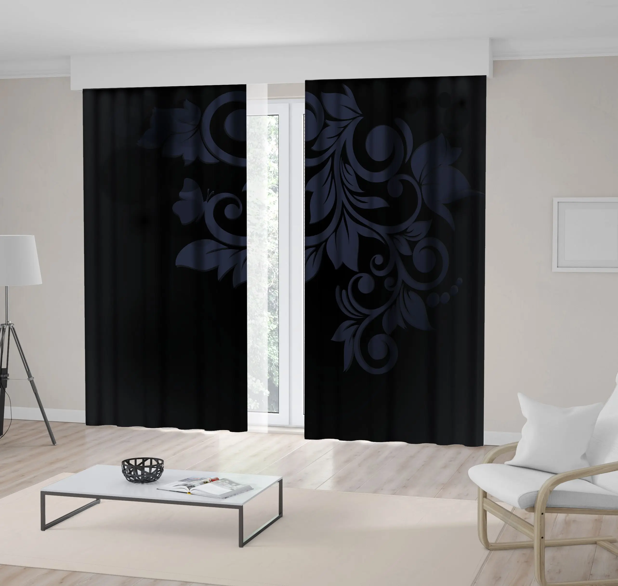 

Curtain Floral Pattern Classic Decorating Vintage Architectural Element Monochromic Artwork Black Gray