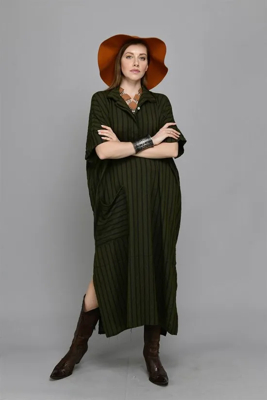 

One Pocket Striped Khaki Green Color Shirt Collar Long Dress 2021 New Fashion Women's Clothing Xs-5xl