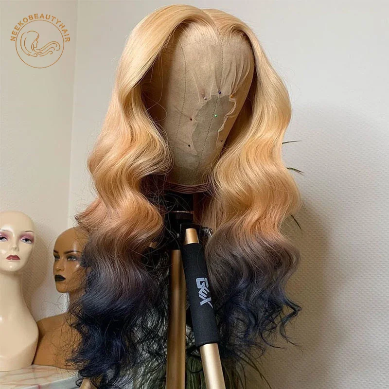 Парик Омбре из оранжевых и черных волос волнистые передние парики на сетке 13 х4