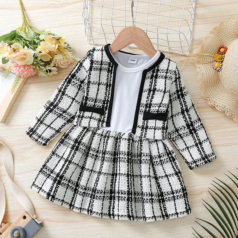 

PatPat 2-piece Toddler Girl Long-sleeve White Plaid Stitching Dress and Cardigan Set