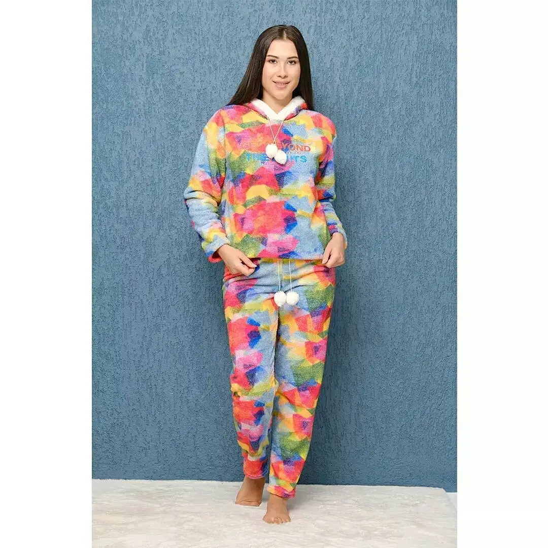 Multi Color Welsoft Hooded Tassel Detailed Winter 2 Piece Pajamas Suit 2021 New Fashion Women's Home Wear