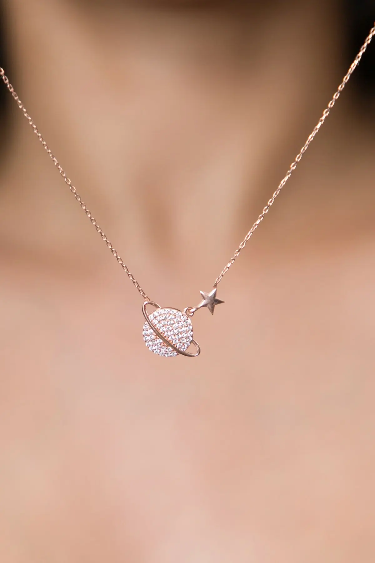 

Women's Planet Model Zircon Stone Rose Plated 925 Sterling Silver Necklace
