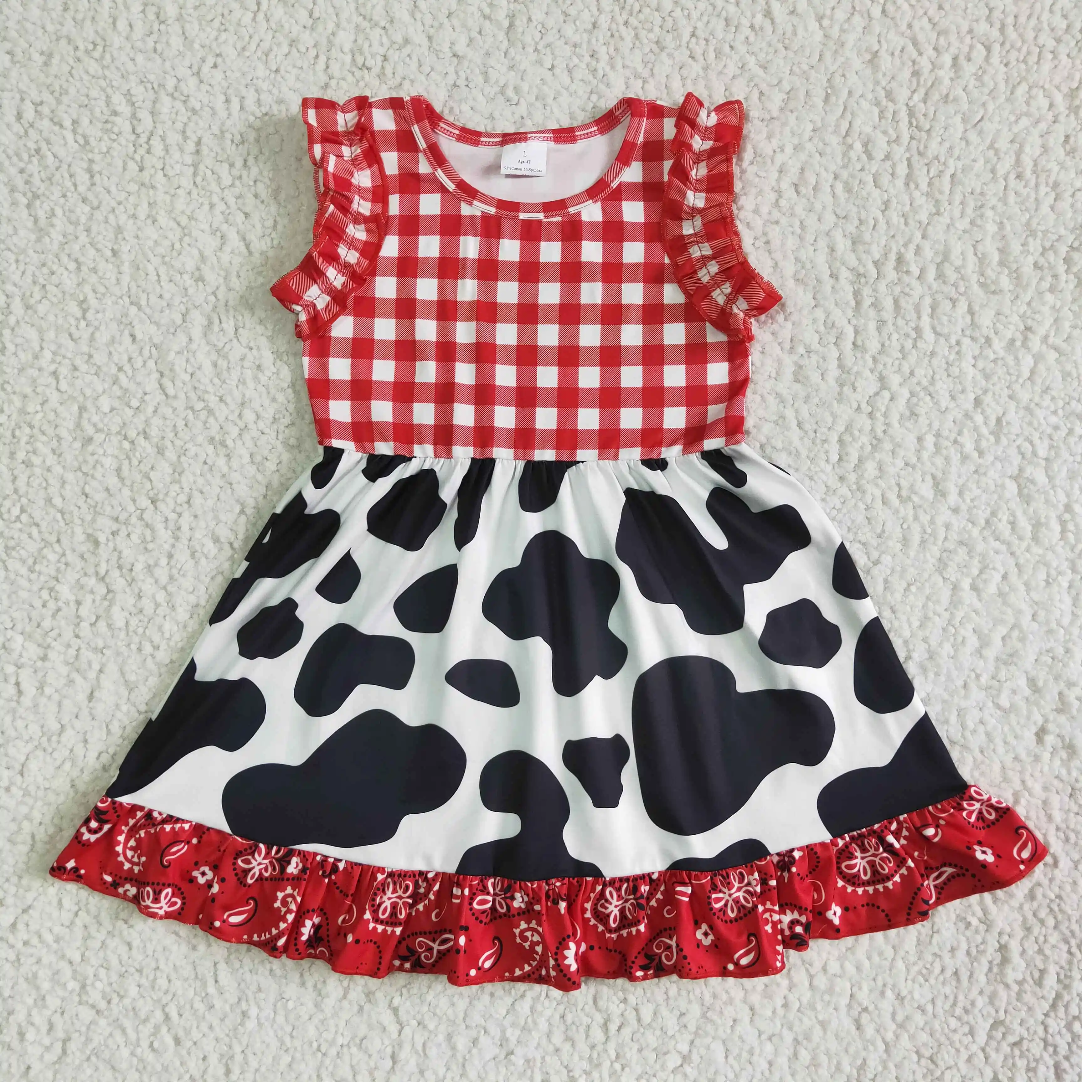 

New kids summer clothing baby dress cow print ruffles sleeveless boutique girl's white dress baby dresses girl