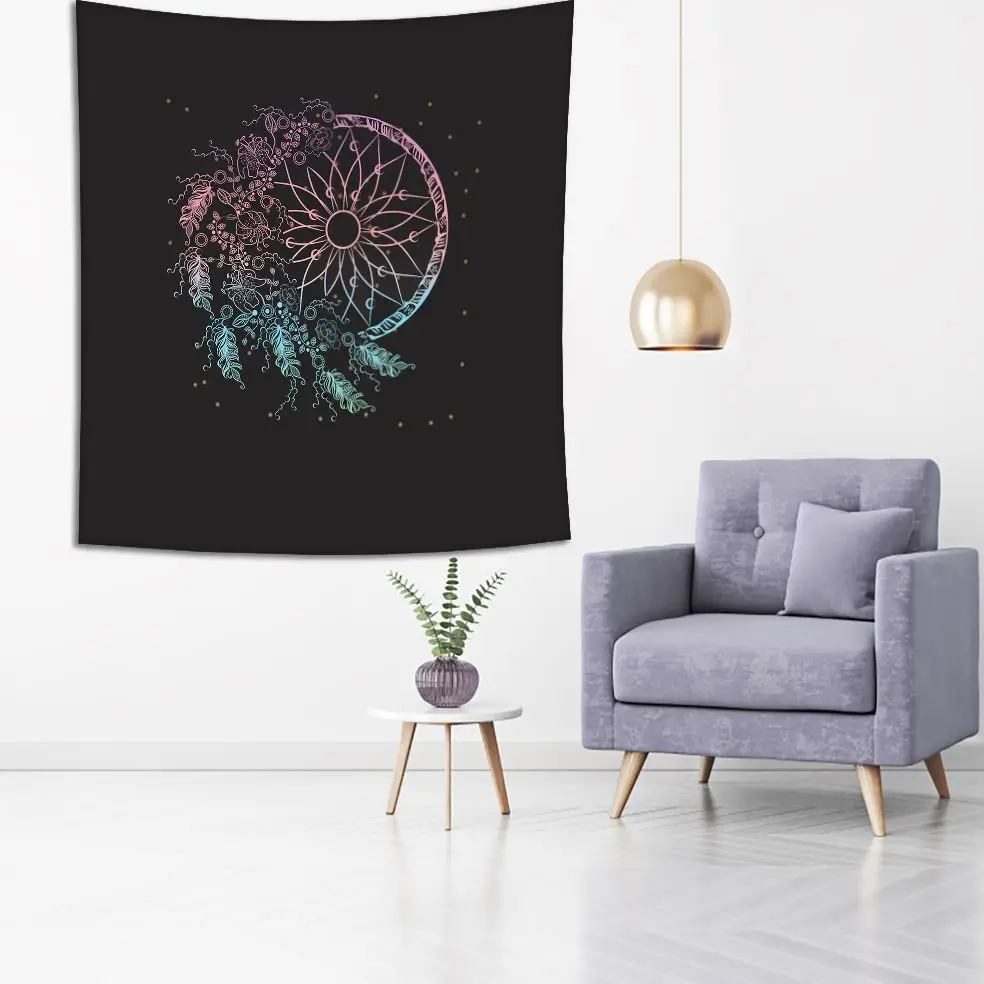 Гобелен Ловец снов перья цветы узор звездная ночь небо богемный стиль