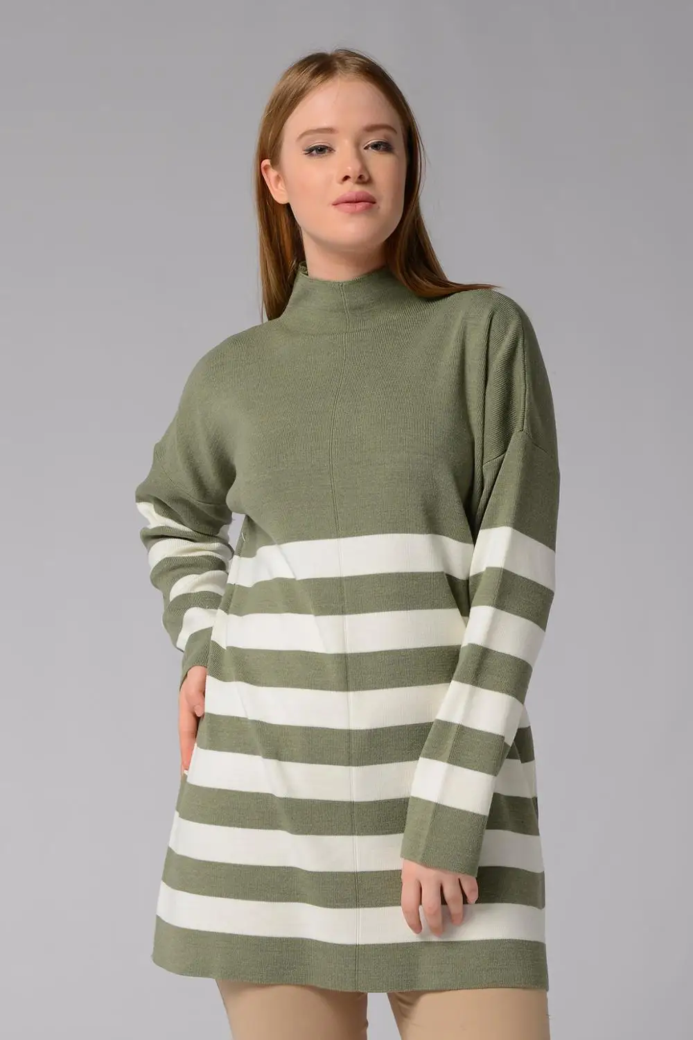 

Nefise Fashion 2020 Women Knitted Mock Neck Stripped Long Stylish Sweater Tunic Winter Autumn Khaki