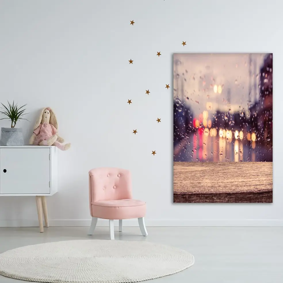 Tapestry Wooden Table with Blur Traffic View through a Car Windscreen Covered in Raindrops Rainy Evening Picture Brown Yellow | Дом и сад