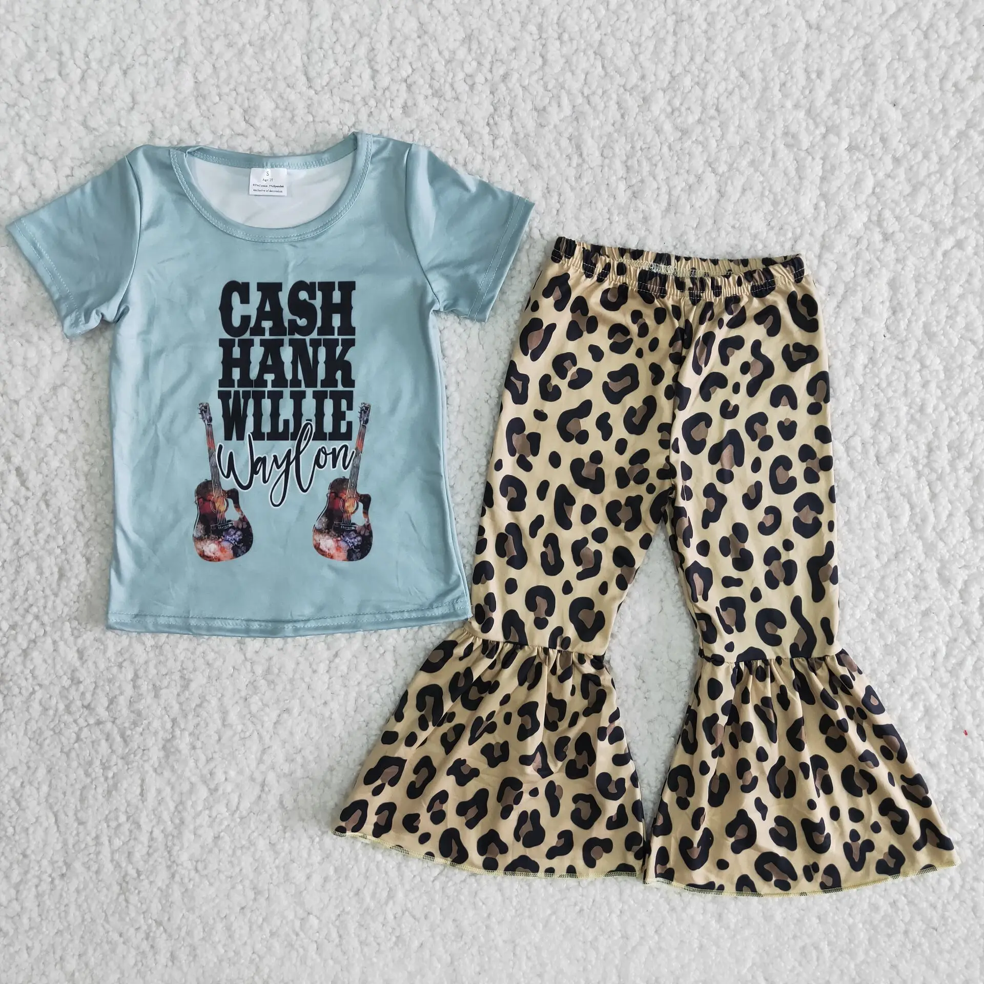 

Toddlers Guitar Singer Outfits Baby Girls Short Sleeves Shirt Bell Bottom Cheetah Pants Kids Clothing Sets Children Boutique