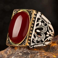 rectangle red agate stone silver ring handcarved turkish jewelery vintage ottoman motif men ring top quality ring