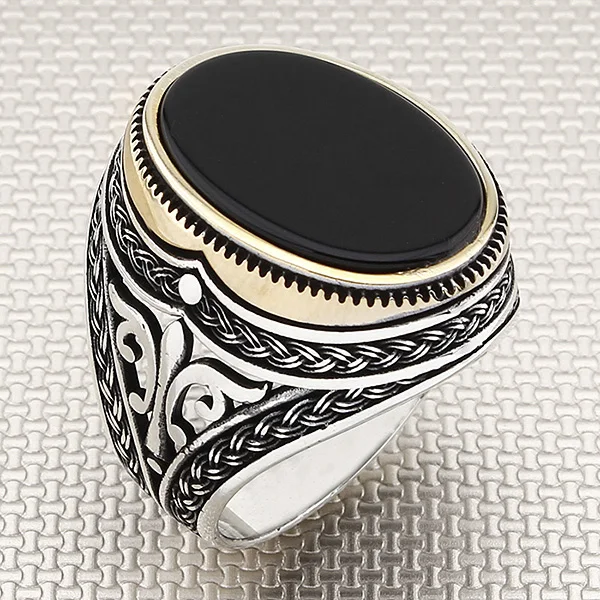 

Knitted Patterned Bronze Pieced Black Onyx Gemstone Men 925 Sterling Silver Classy Ring Jewellery Gemstone Handmade Silver Ring