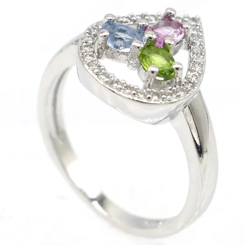 

13x12mm Multi Color Lovely Cute Created Tourmaline Peridot Tanzanite For Girls Birthday Gift Silver Rings