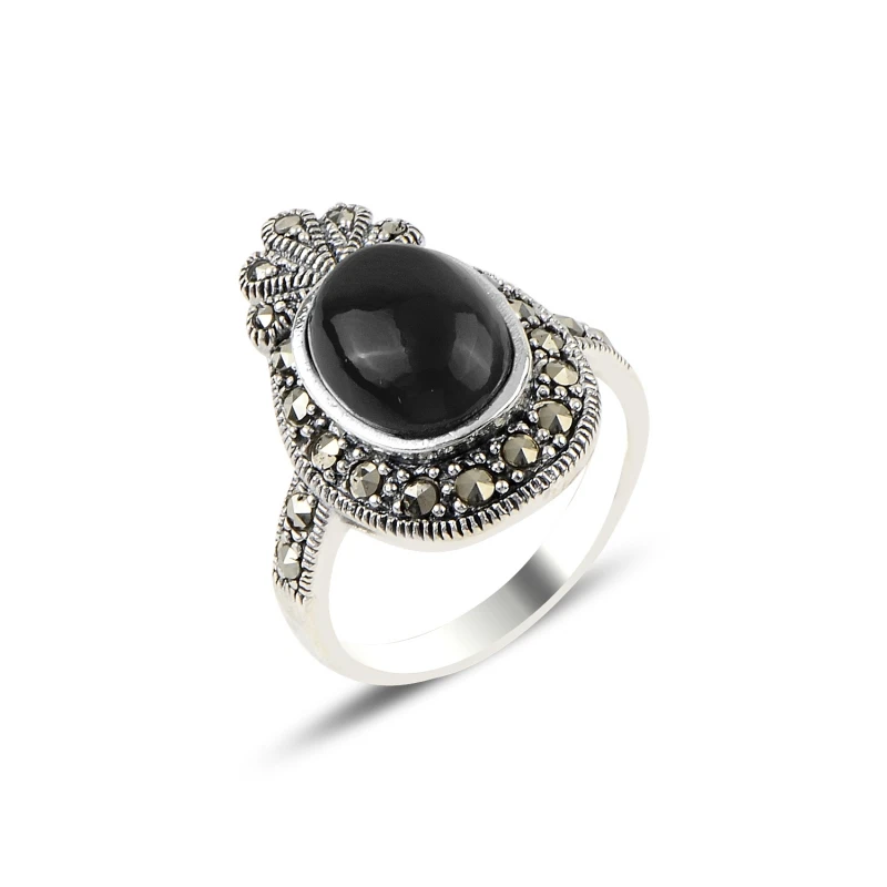 

Silver 925 Sterling Onyx & Marcasite Ring