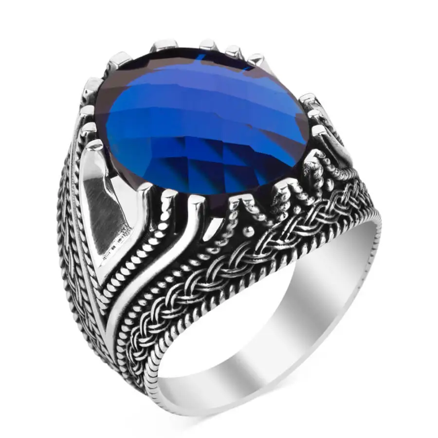 

Мужское серебряное кольцо 925 пробы с граненым голубым цирконом, ручная работа, османское кольцо 925k, Сделано в Турции, классное кольцо