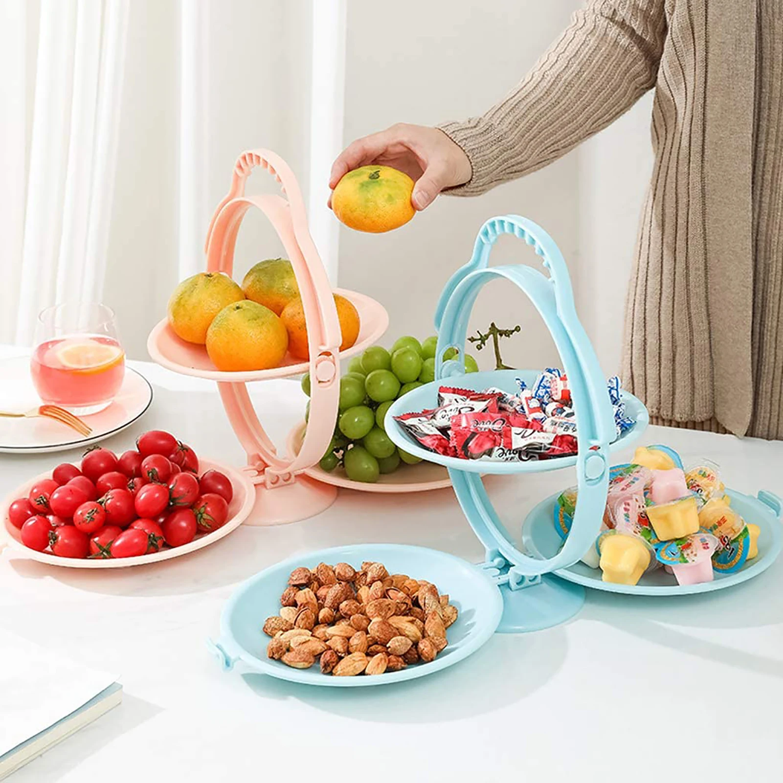 

European-style Double-layer Foldable Fruit Tray Creative Smiley Plastic Living Room Kitchen Food Snacks Storage Rack