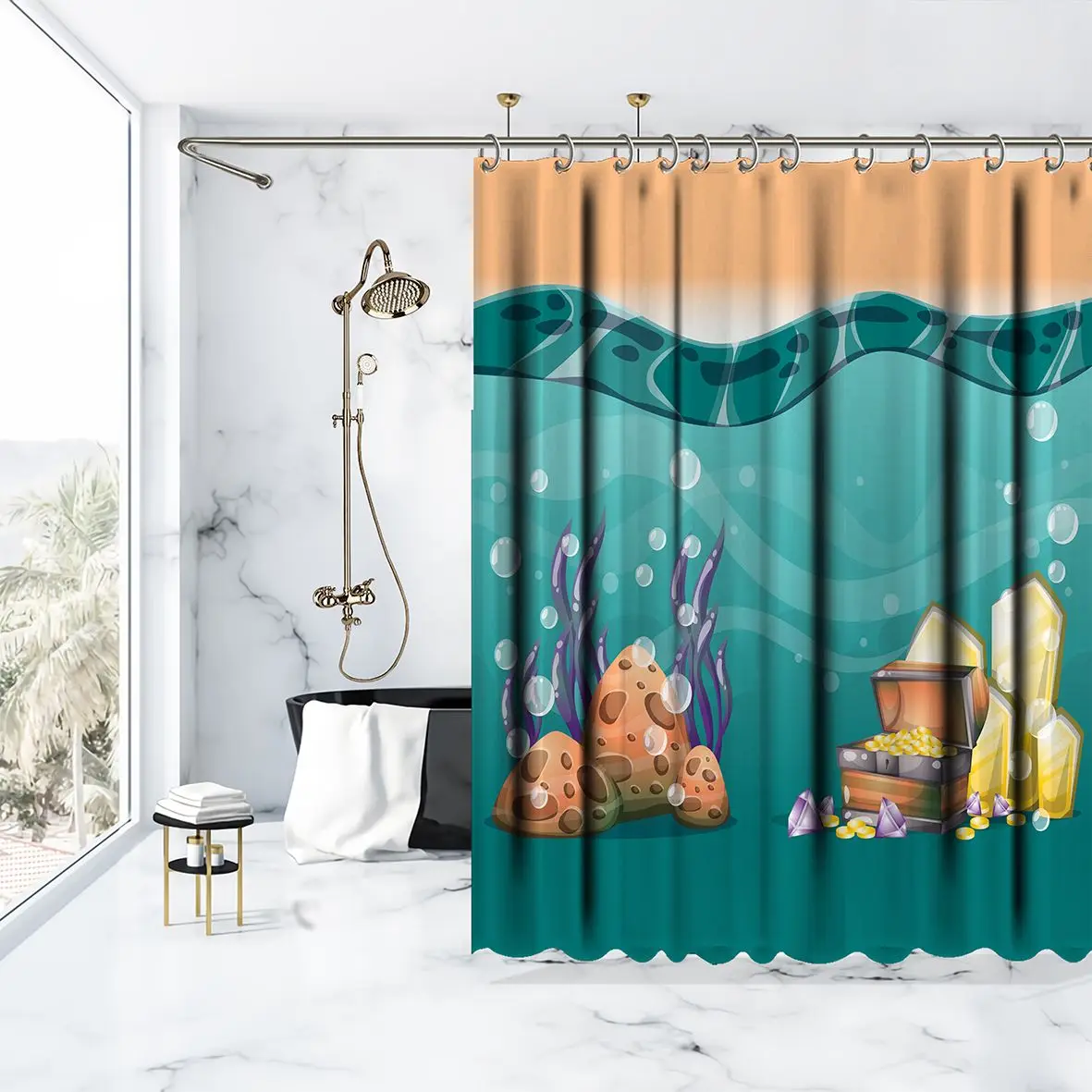 Занавеска для душа Мультяшные подводные камни и золото в деревянной коробке