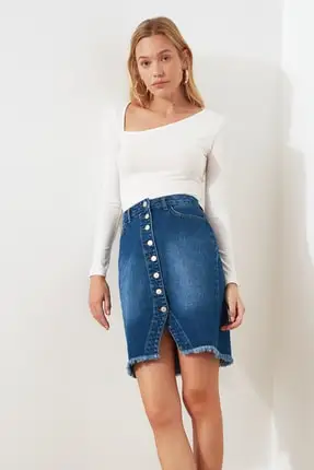 

Women's Blue Front Button Skirt Tip Tassels Denim Skirt Women 'S Clothing Young Girl Clothing 2021 Summer Collection Hot Sale Fee