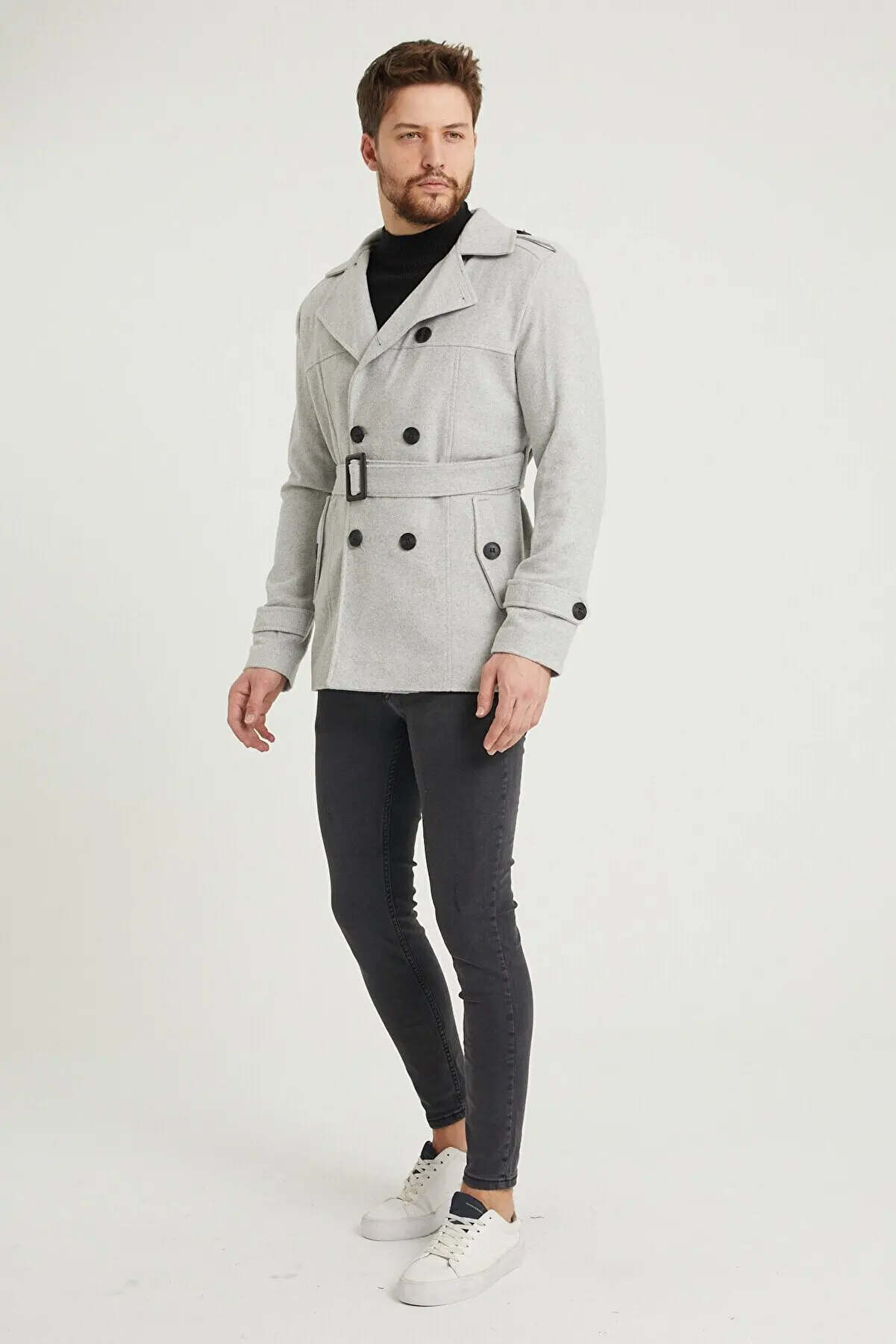 Men's Black & Grey Cotton Belted Coat Parka Winter Thick Warm Slim Fit Solid Color Male Jacket Casual Business Trench Coat Style