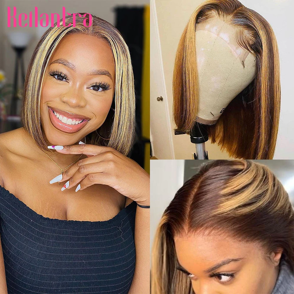 Highlight Wig Ombre Colored Honey Blond Straight Hair Bob Wig P4/27 Short Bob Wig 13x4 Lace Front Wigs For Black Women