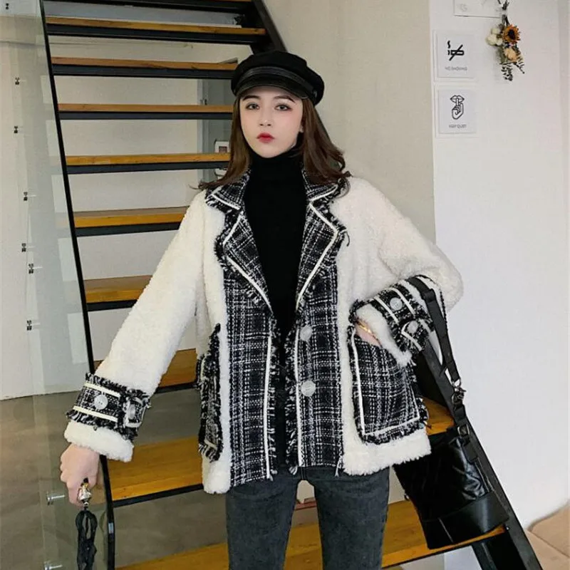 Женская твидовая куртка с длинными рукавами теплая Свободная из овечьей шерсти