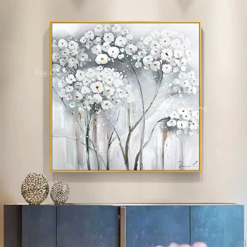 

100% Handmade white flower thick knife landscape square picture pop design gift oil painting for office living room decoration