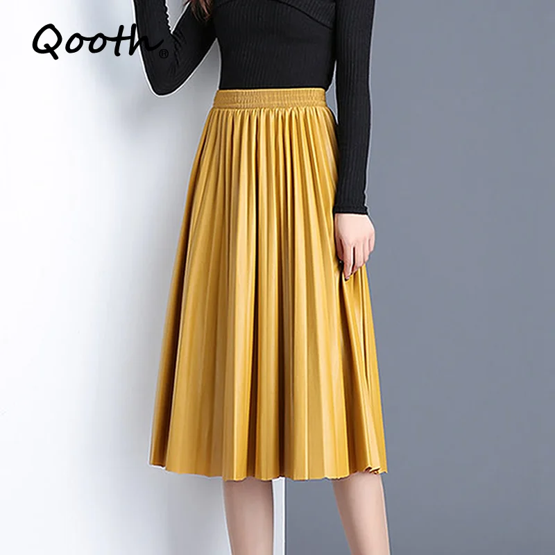 High-waisted Pleated Pu Faux Leather Skirt Women Spring Autumn Elegant Midi Long Skirts Female Yellow Green Leather Skirt Qh2012