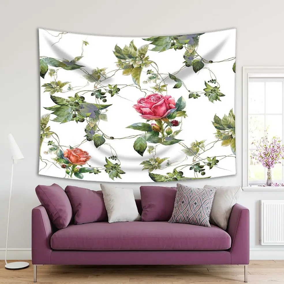 

Tapestry Flowers Roses Leaves Summer Garden Nature Vintage Style Painting Artwork Red Orange Green