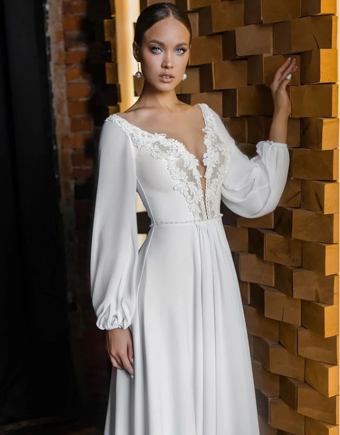 

Elegant Boho Wedding Dress A-line V-neck Puff Sleeves Split Appliques Tea-length Bridal Gowns For Women CustomVestidos De Noiva