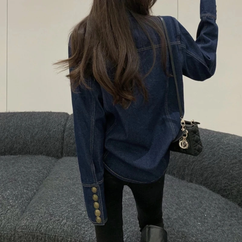 Женская Осенняя Повседневная джинсовая куртка с длинным рукавом однобортная