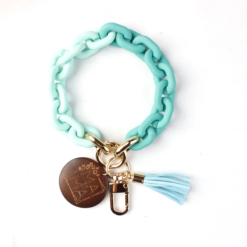 

Chunky Chain Link Wristlet Keychain for Women Cute Boho Modern Acrylic Resin Link Chain Key Rings Mama Wooden Disc Monogram