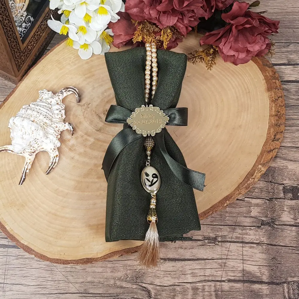 Gift Wrap, Luxury Pearl Rosary, Custom Plexiglass, Ribbon Decorated Set - Green  Set FREE SHİPPİNG