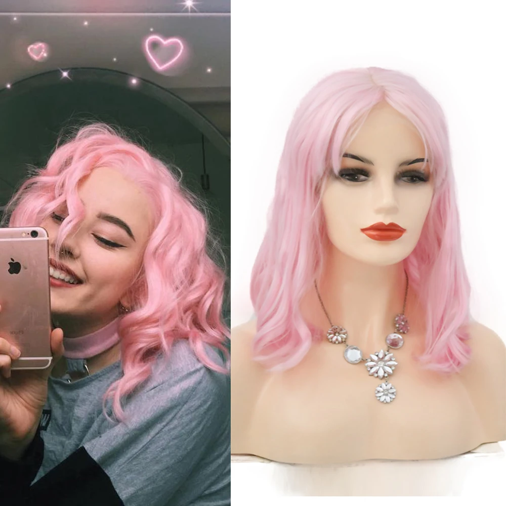 

QUINLUX WIGS Pink Peach Wavy Bob Wig Synthetic Lace Front Hair For Women Half Hand Tied Lolita Cosplay 150% Density Heat Fiber