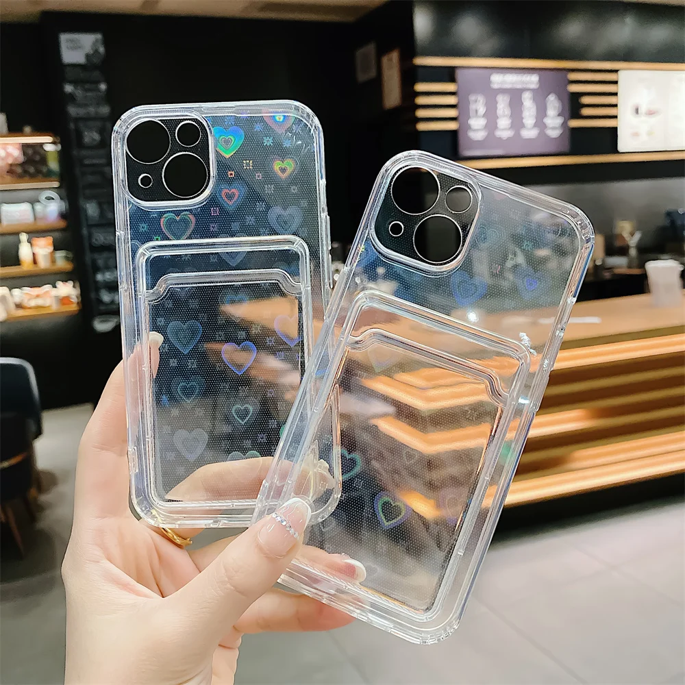 

Love Heart Phone Case For iPhone 13 Pro Max 11 12 XR 6 7 8 Plus XS X SE 2020 Laser Clear Wallet Card Holder Storage Cover